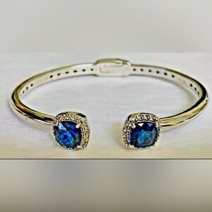 Nice Double  Blue Lab Sapphire & CZ Halo Hinged Silver 925 Open Bangle Bracelet
